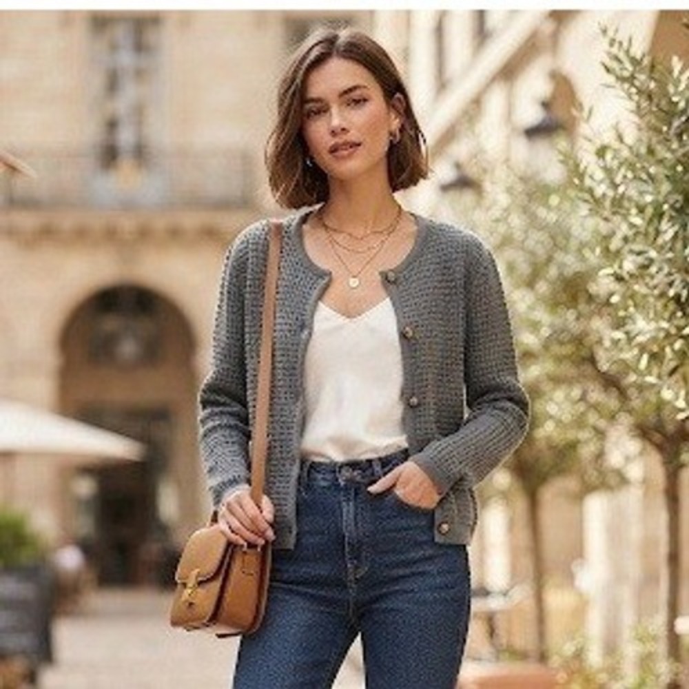 PrettyGarden Cardigan Womens Large Grey Waffle Knit Button Front Pocket Sweater